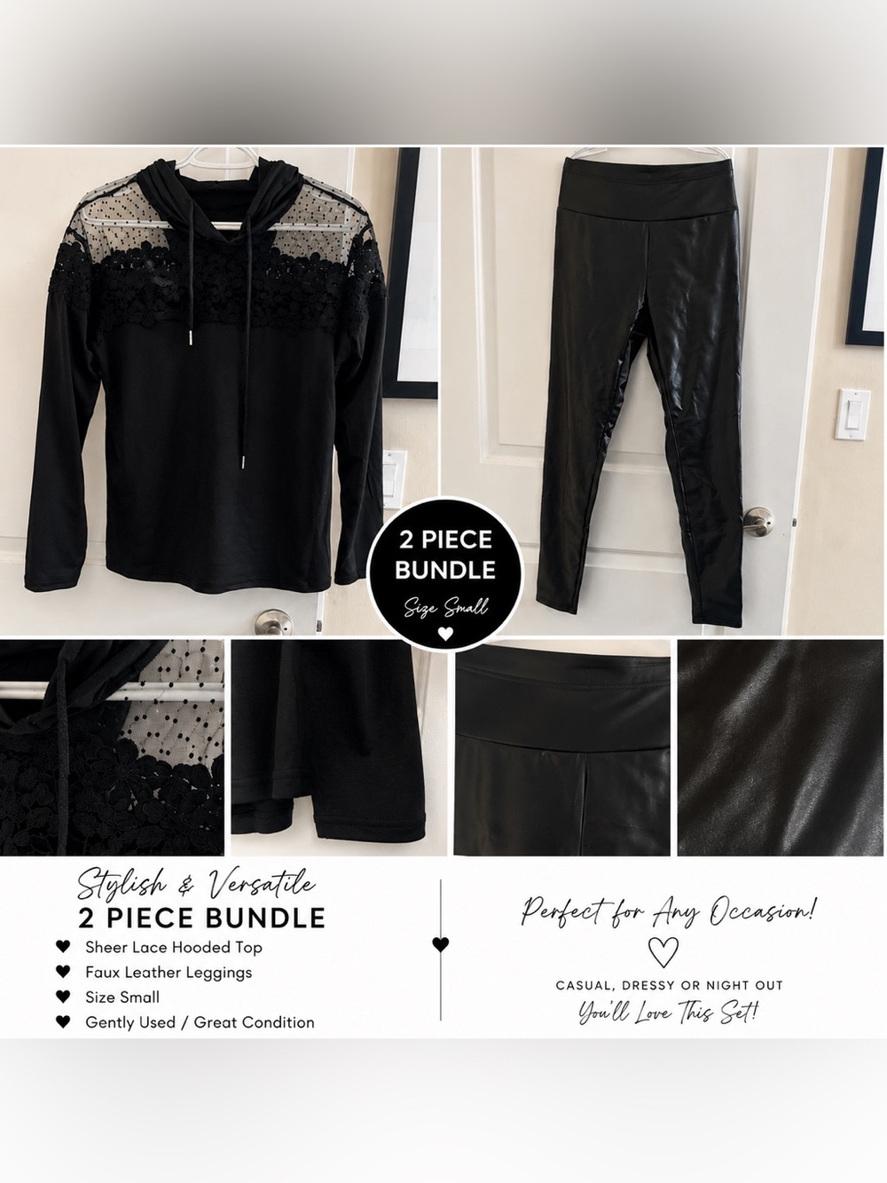 Black Lace Mesh Hoodie & Faux Leather Leggings 2 Piece Bundle Size Small